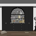 Modern Black Display Cabinet Shelf with Arch Design Geometric Background for Books Decorations Wooden Floor